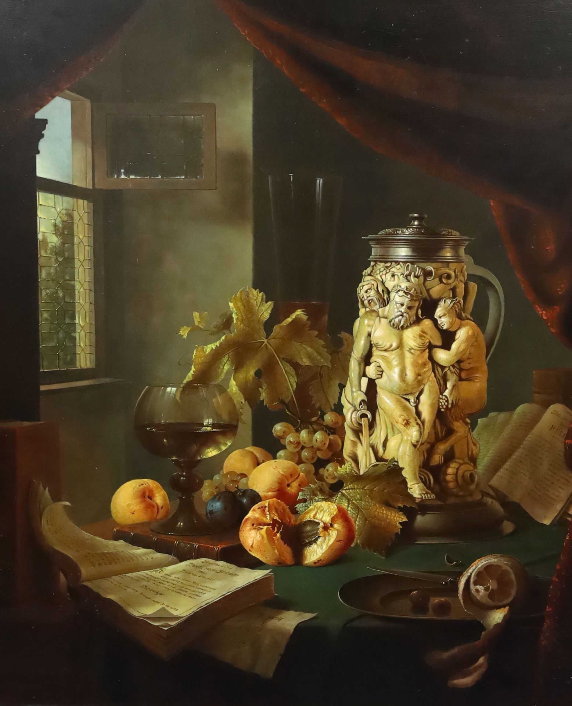 Gyula Bubarnik (Hungarian, 1936-2010), 17th century still life of a carved ivory goblet, fruit, a glass and a book upon a table top, with leaded window beyond, oil on board, 58 x 48cm